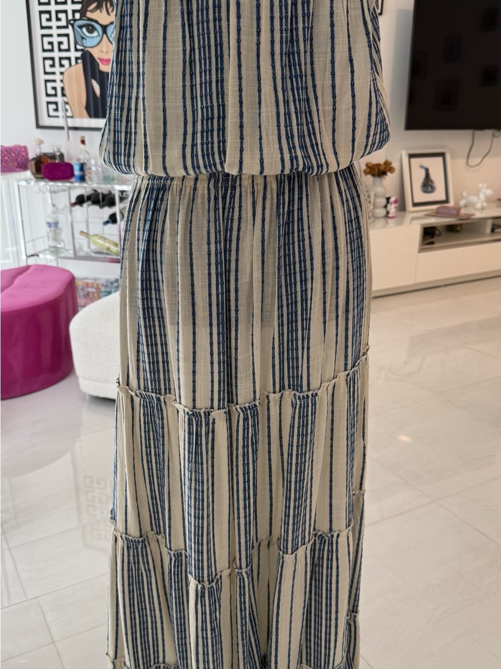 Boho Tiered Maxi Dress in Cream with Navy Stripes - Elan Size S